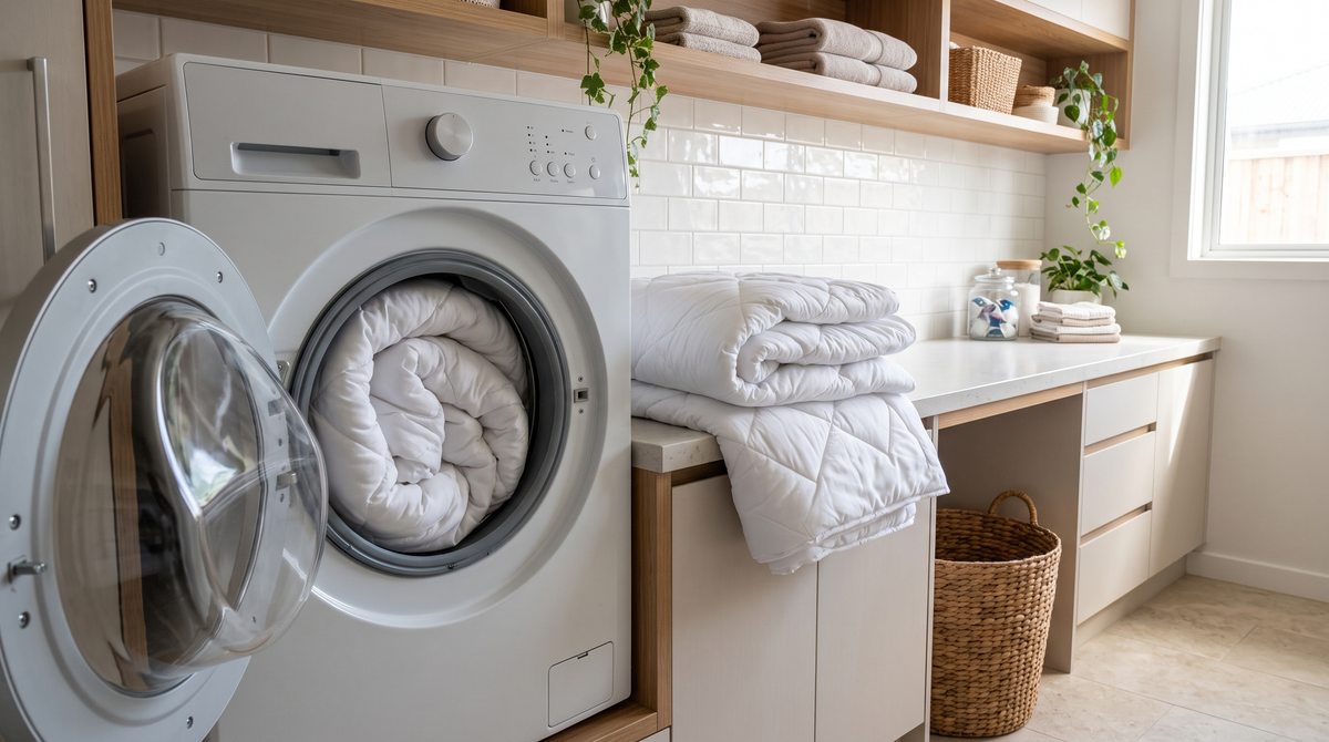 Groot 240x200 dekbed in de trommel van een wasmachine met grote inhoud
