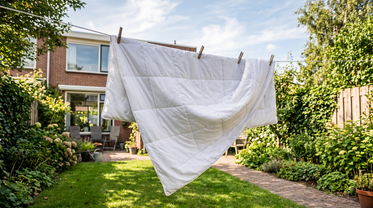 Weiße gesteppte Bettdecke hängt zum Trocknen an der Wäscheleine in einem sonnigen Garten