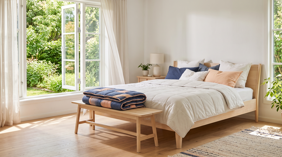 Zomerse slaapkamer met open raam, een licht zomerdekbed op bed en een dikker dekbed aan het voeteneind