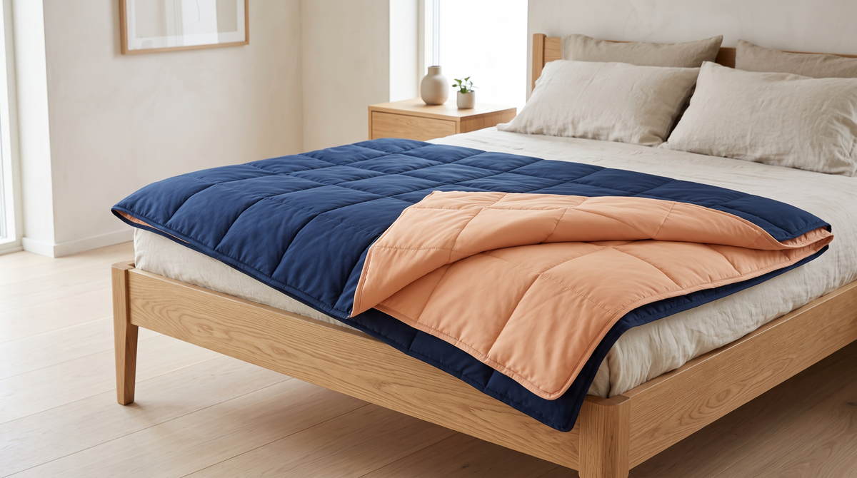 Wendbare Bettdecke in Navy und Pfirsich, so gefaltet, dass beide Farben sichtbar sind