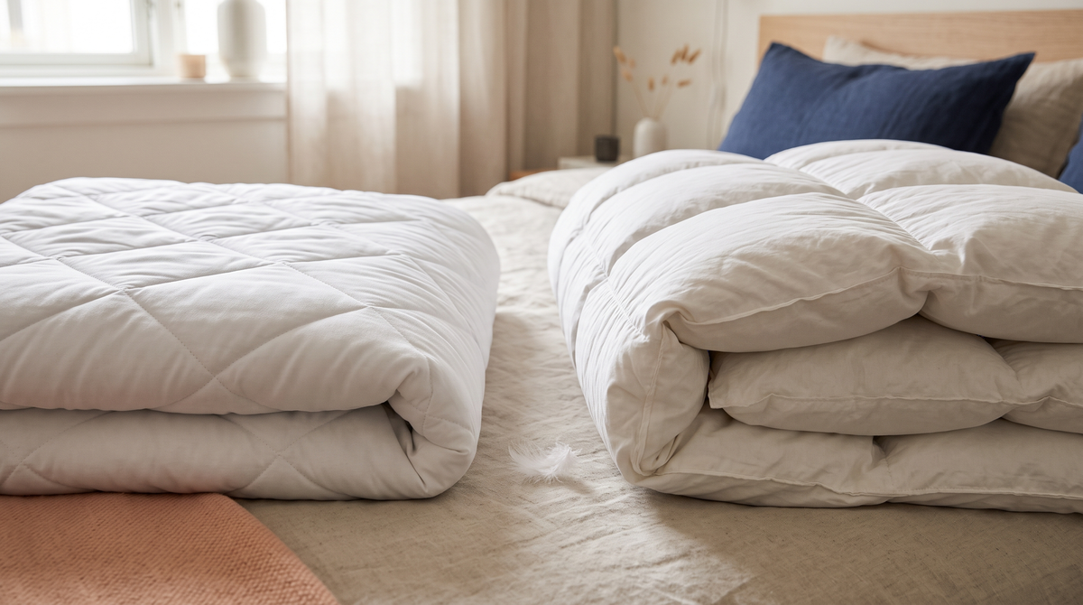 Microvezel dekbed en donzen dekbed naast elkaar op bed met een veertje ertussen