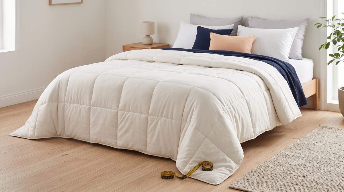 Wide double bed with a generous quilted duvet and a tape measure – which duvet size fits your bed