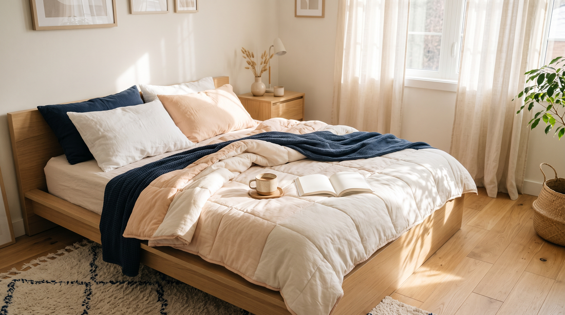 Lazy dekbed losjes over een laag bed met koffie en een boek op een rustige zondagochtend
