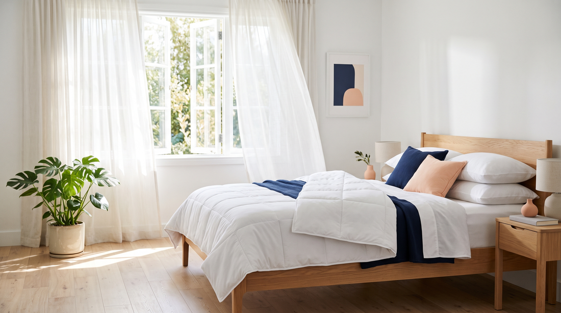 Frisse slaapkamer met open raam en teruggeslagen dekbed om het bed te luchten tegen huisstofmijt
