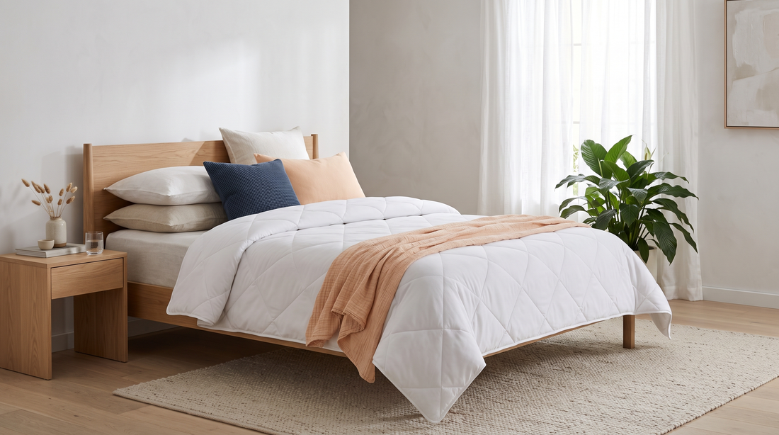 Lichte Scandinavische slaapkamer met een glad gequilt wit dekbed zonder overtrek op een eiken bed