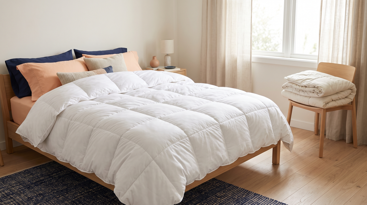 New plump duvet on a bed next to an older flattened duvet – when should you replace your duvet