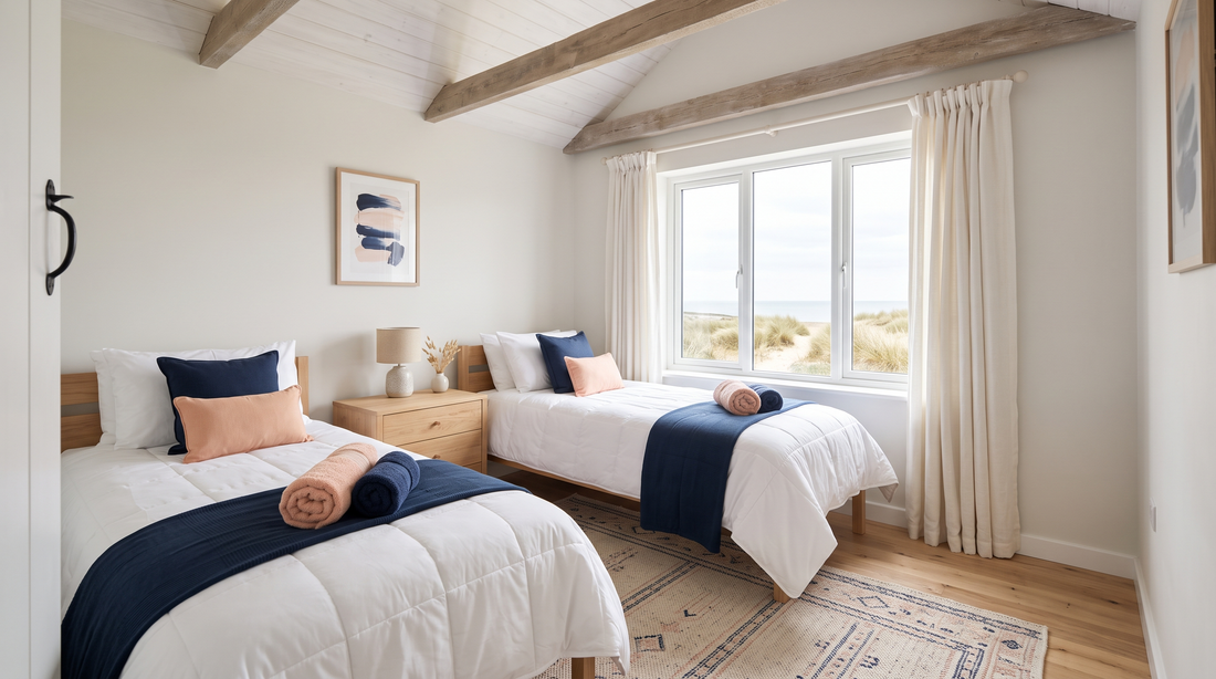 Slaapkamer in een vakantiehuis aan zee met twee opgemaakte bedden en wasbare dekbedden voor gasten