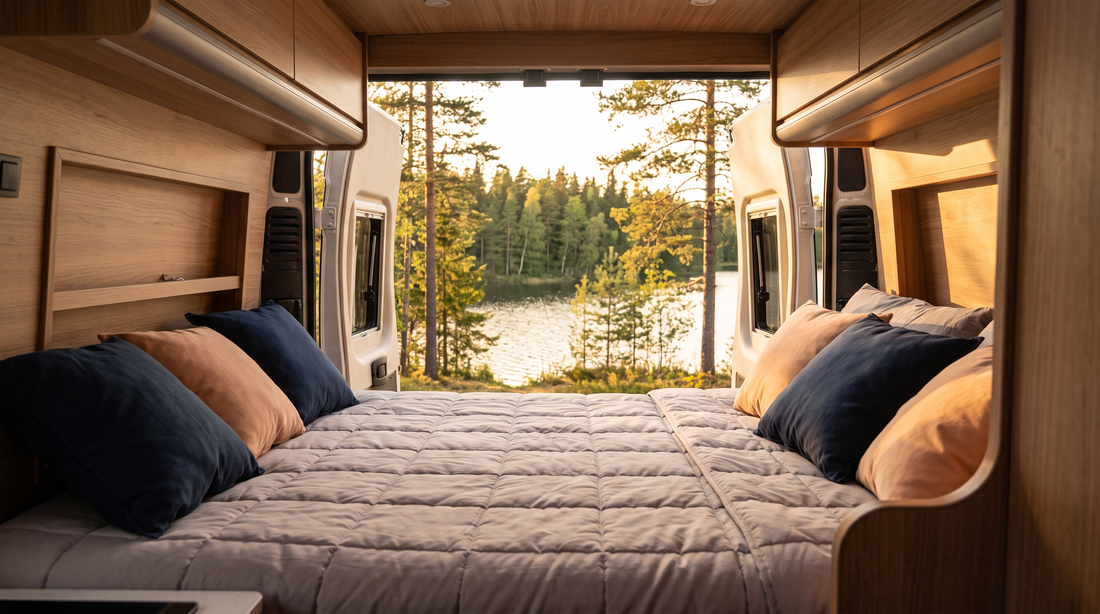 Opgemaakt bed achter in een camper met gequilt dekbed en uitzicht op een meer
