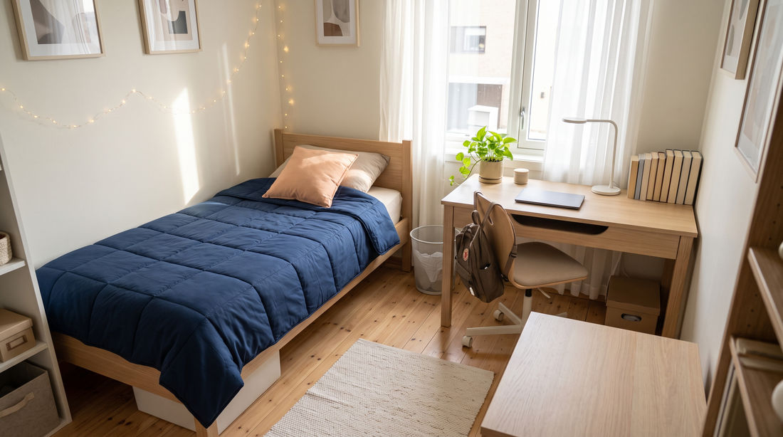 Opgeruimde studentenkamer met eenpersoonsbed, navy dekbed, bureau en planten