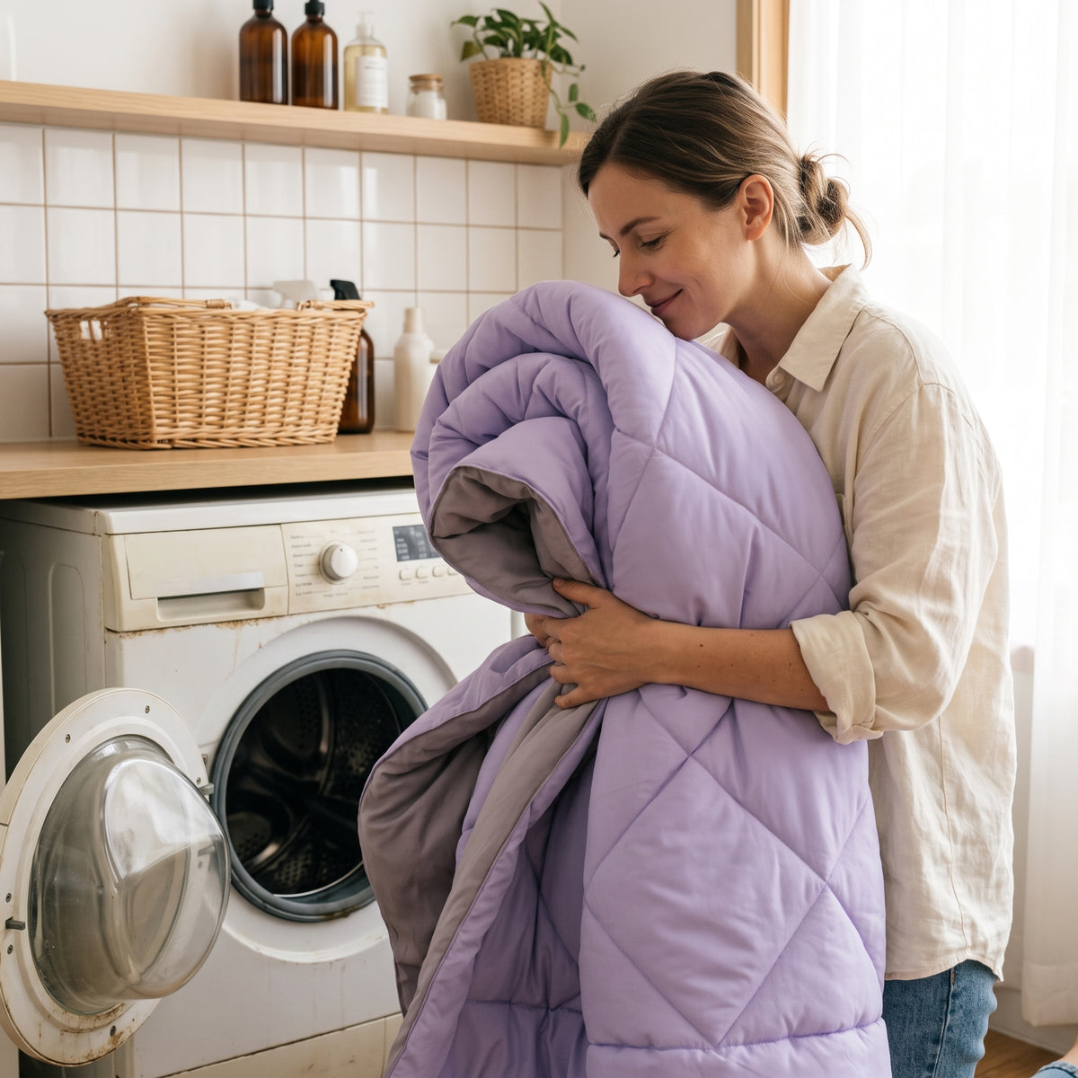 Vrouw haalt een gewassen Snoozella dekbed uit de wasmachine