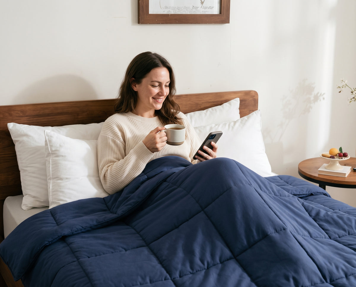Vrouw met thee en telefoon op bed onder een donkerblauw Snoozella dekbed